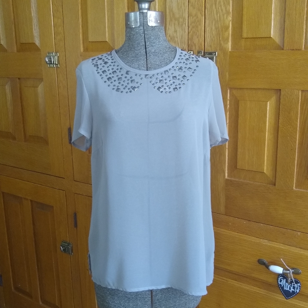 Lucca Couture gray studded collar sheer chiffon short sleeve top